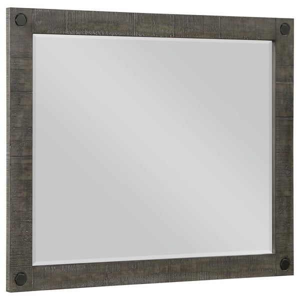 Lilith Rectangular Dresser Mirror Distressed Grey angled showing hexagonal bolt detail