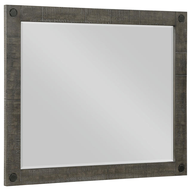 Lilith Rectangular Dresser Mirror Distressed Grey angled showing hexagonal bolt detail