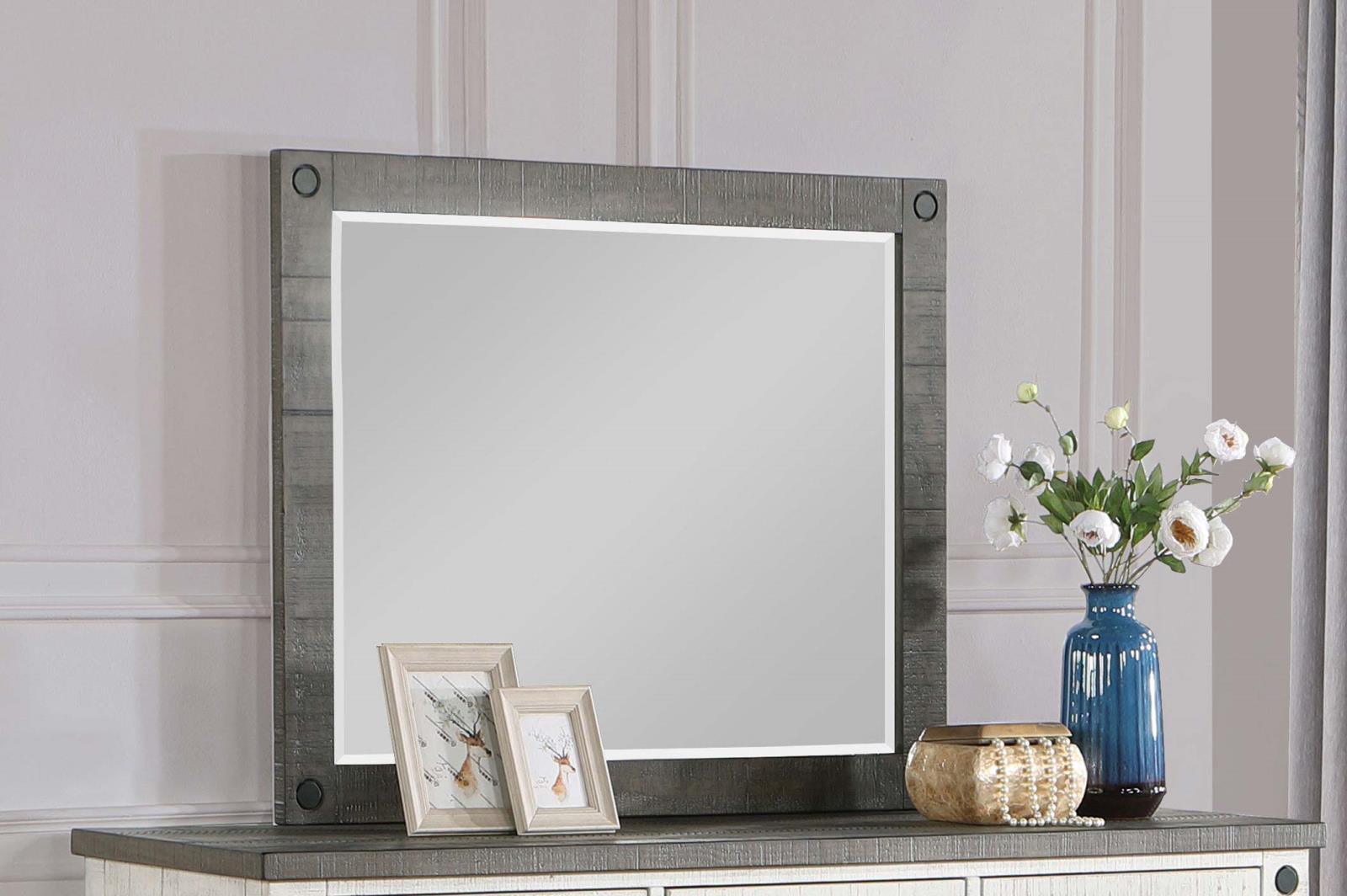 Lilith Rectangular Dresser Mirror Distressed Grey close-up of beveled glass