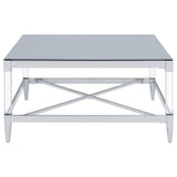 Top view of Lindley square coffee table showing tempered mirror glass surface