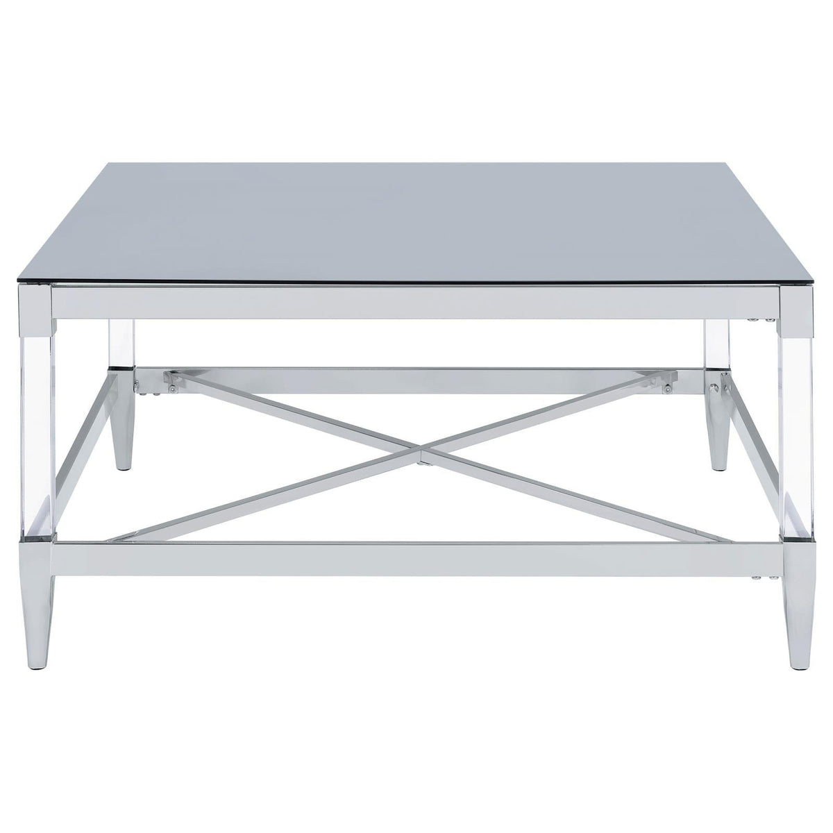 Top view of Lindley square coffee table showing tempered mirror glass surface