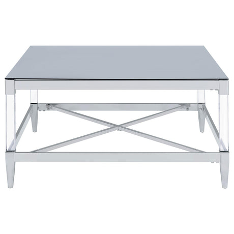 Top view of Lindley square coffee table showing tempered mirror glass surface
