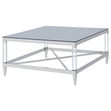 Side profile of Lindley coffee table highlighting tapered feet and plastic glides