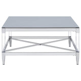 Modern Lindley coffee table with floating acrylic legs and reflective mirror top
