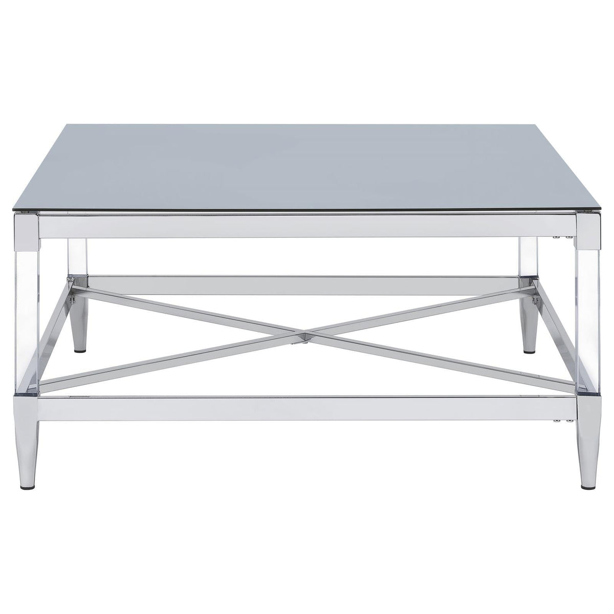 Modern Lindley coffee table with floating acrylic legs and reflective mirror top