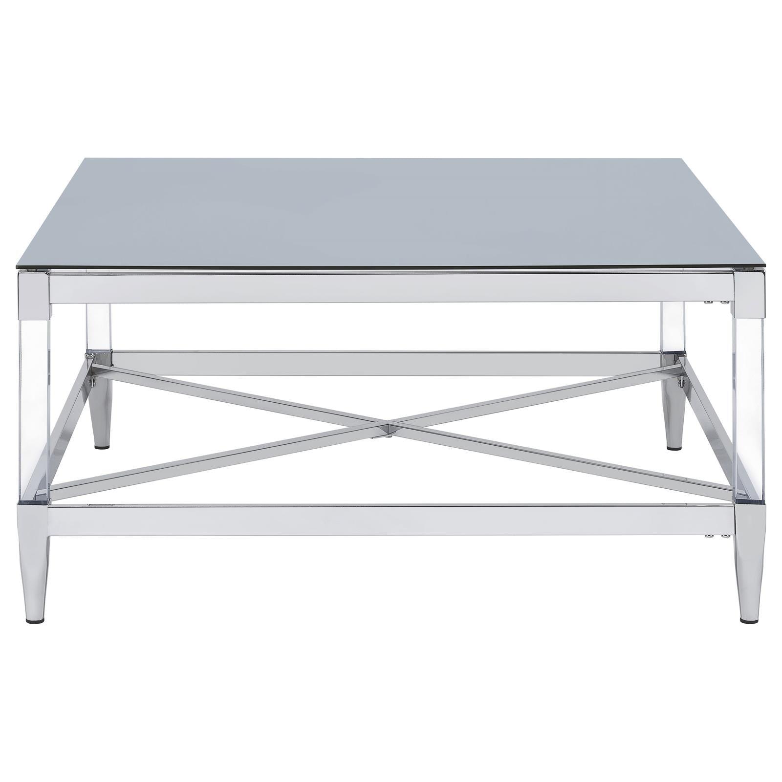 Modern Lindley coffee table with floating acrylic legs and reflective mirror top