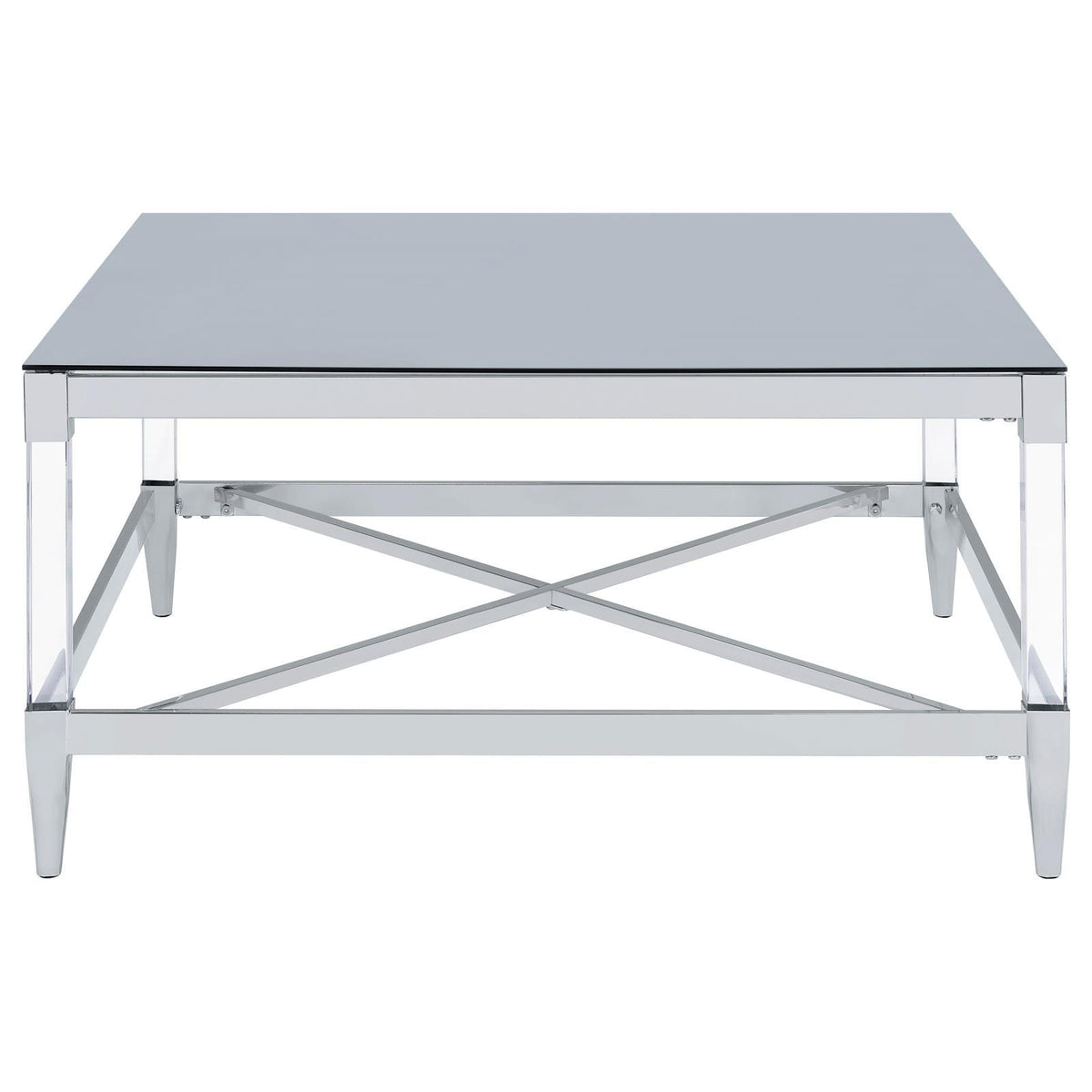 Detail of chrome-electroplated metal frame on Lindley coffee table