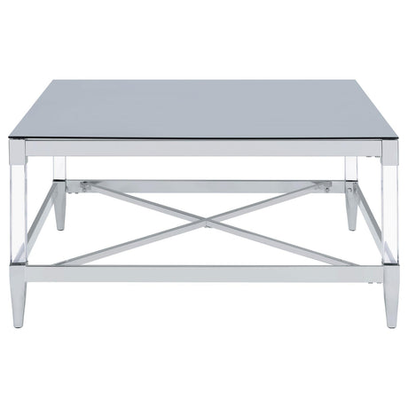 Detail of chrome-electroplated metal frame on Lindley coffee table