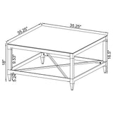 Full front view of Lindley square coffee table with mirror top and acrylic legs