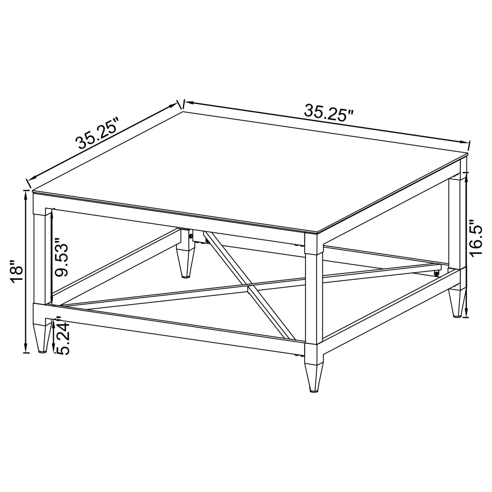 Full front view of Lindley square coffee table with mirror top and acrylic legs