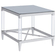 Lindley Square End Table front view showcasing tempered mirror top and acrylic legs