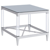 Lindley Square End Table front view showcasing tempered mirror top and acrylic legs