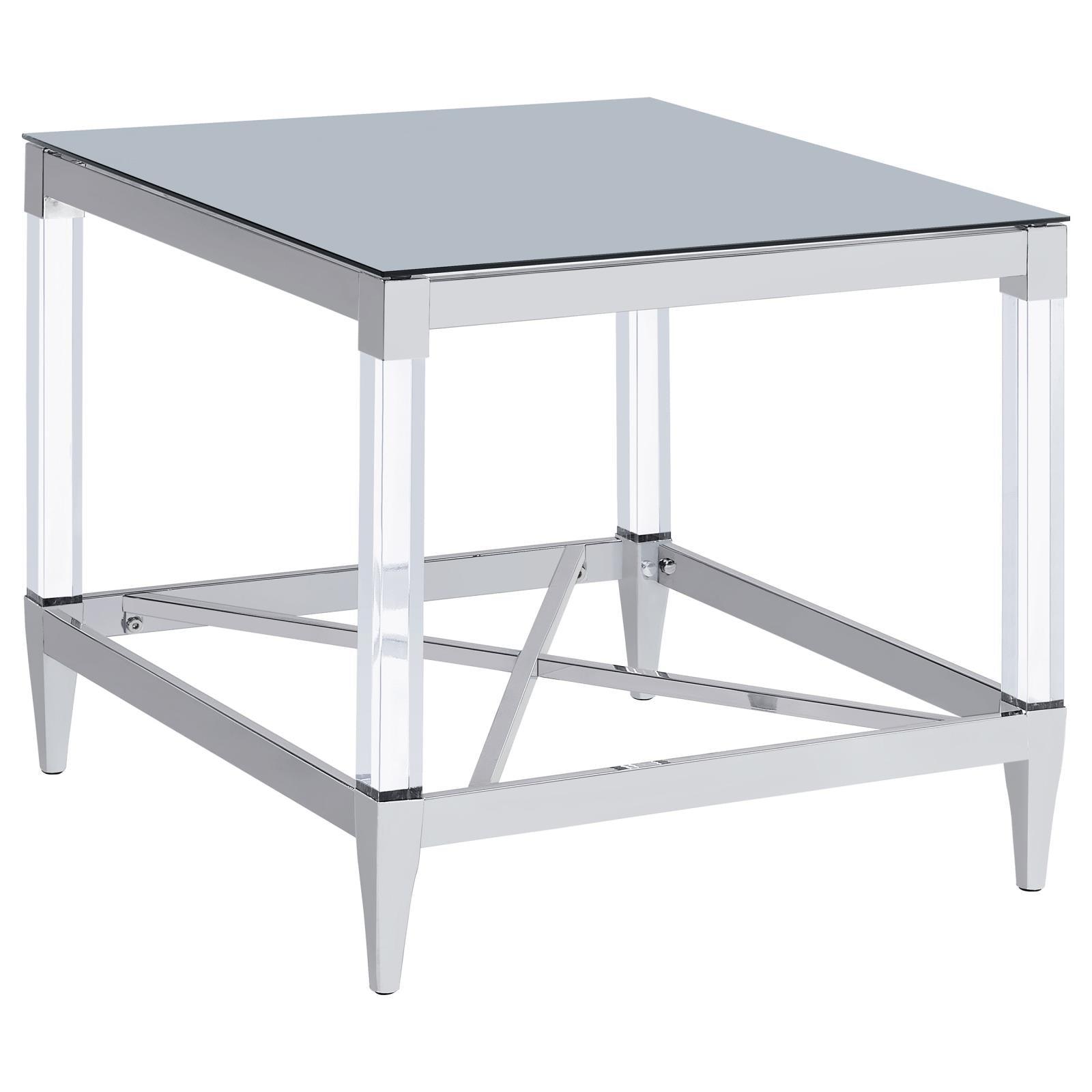 Lindley Square End Table front view showcasing tempered mirror top and acrylic legs