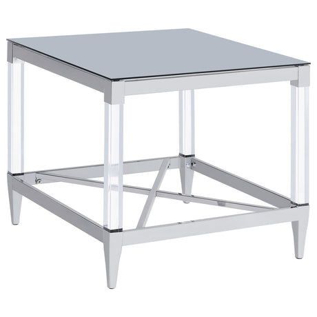 Lindley Square End Table front view showcasing tempered mirror top and acrylic legs