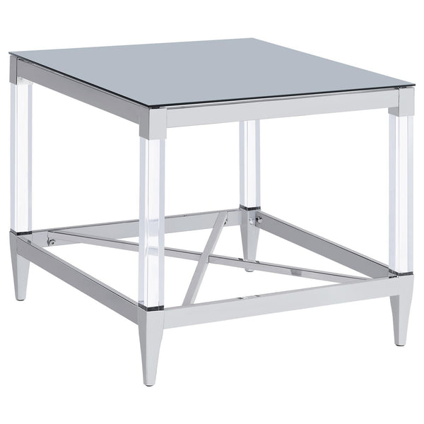 Lindley Square End Table front view showcasing tempered mirror top and acrylic legs