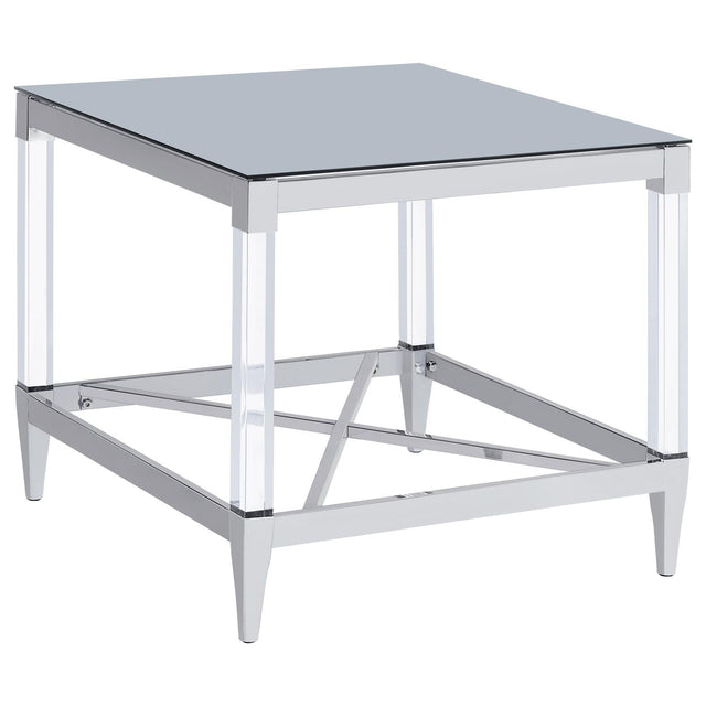 Lindley Square End Table front view showcasing tempered mirror top and acrylic legs