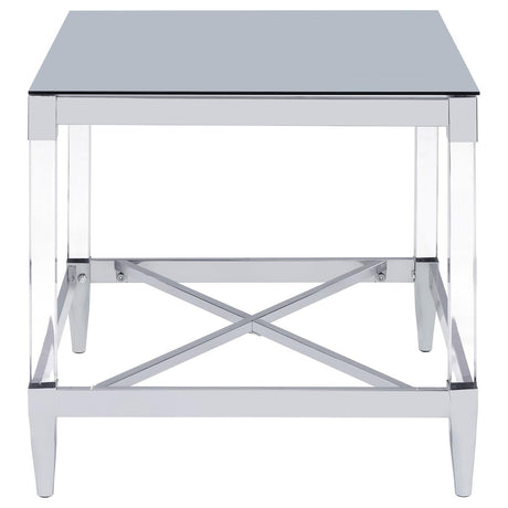 Close-up of the tempered mirror top and chrome-edge detail