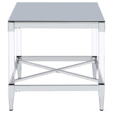 Angled shot emphasizing square design with chrome and acrylic materials