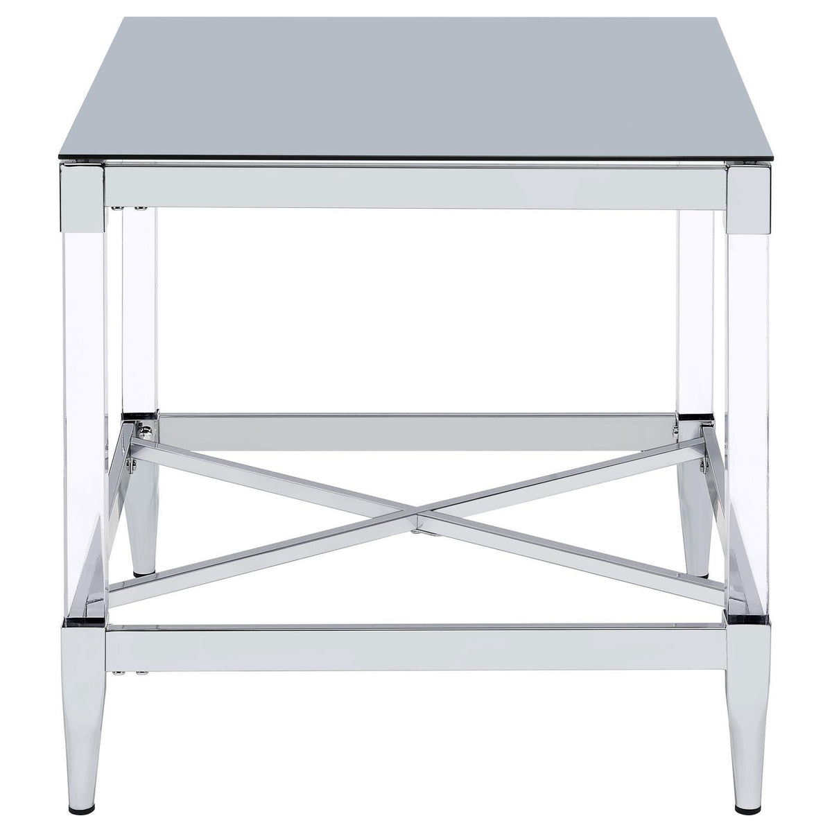 Angled shot emphasizing square design with chrome and acrylic materials