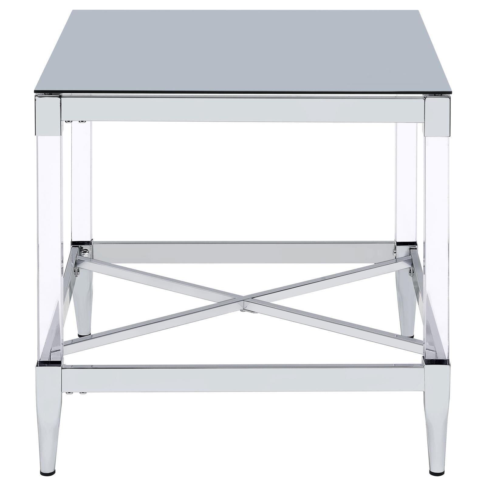 Angled shot emphasizing square design with chrome and acrylic materials