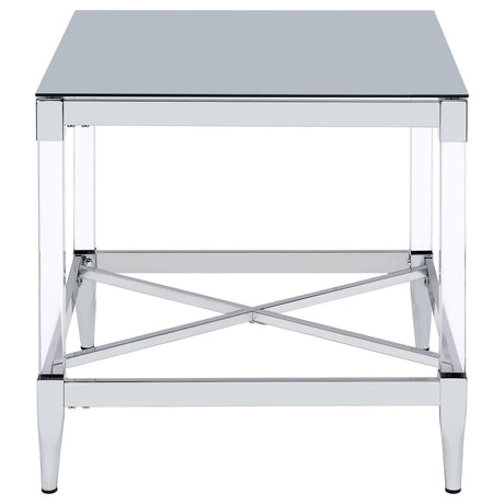 Angled shot emphasizing square design with chrome and acrylic materials