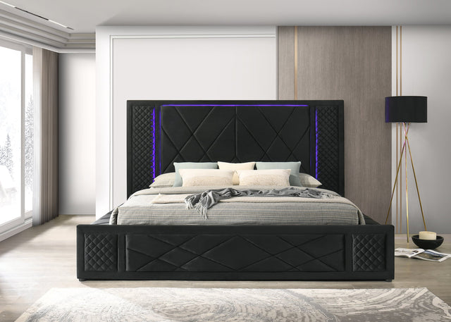 Lorenzo black velvet upholstered platform king bed front view