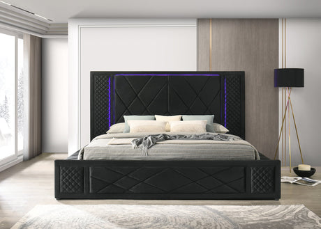 Lorenzo black velvet upholstered platform bed front view with LED-lit headboard