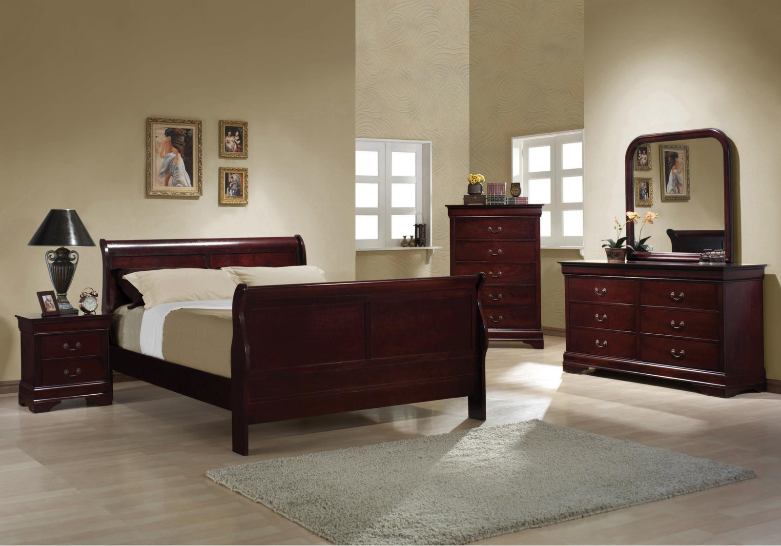 main view of Louis Philippe Red Brown Sleigh Panel Bedroom Set bed