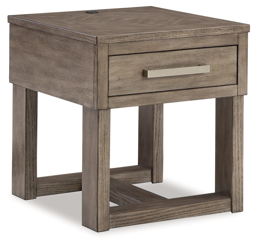 Side view of Loyaska Grayish Brown and White End Table