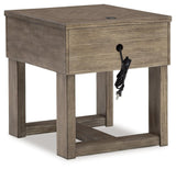 Close-up of brushed silvertone drawer pull on Loyaska End Table
