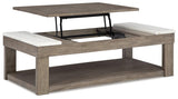 Loyaska grayish brown and white coffee table side view showing casters