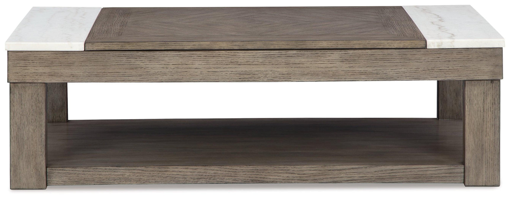 Close-up of natural white marble marble accents on Loyaska coffee table