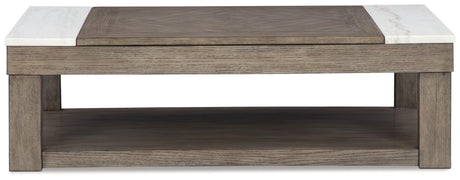 Close-up of natural white marble marble accents on Loyaska coffee table
