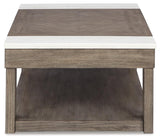 View of spacious lower shelf on Loyaska lift-top coffee table