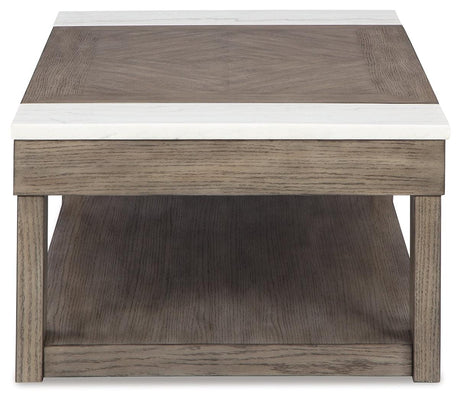 View of spacious lower shelf on Loyaska lift-top coffee table