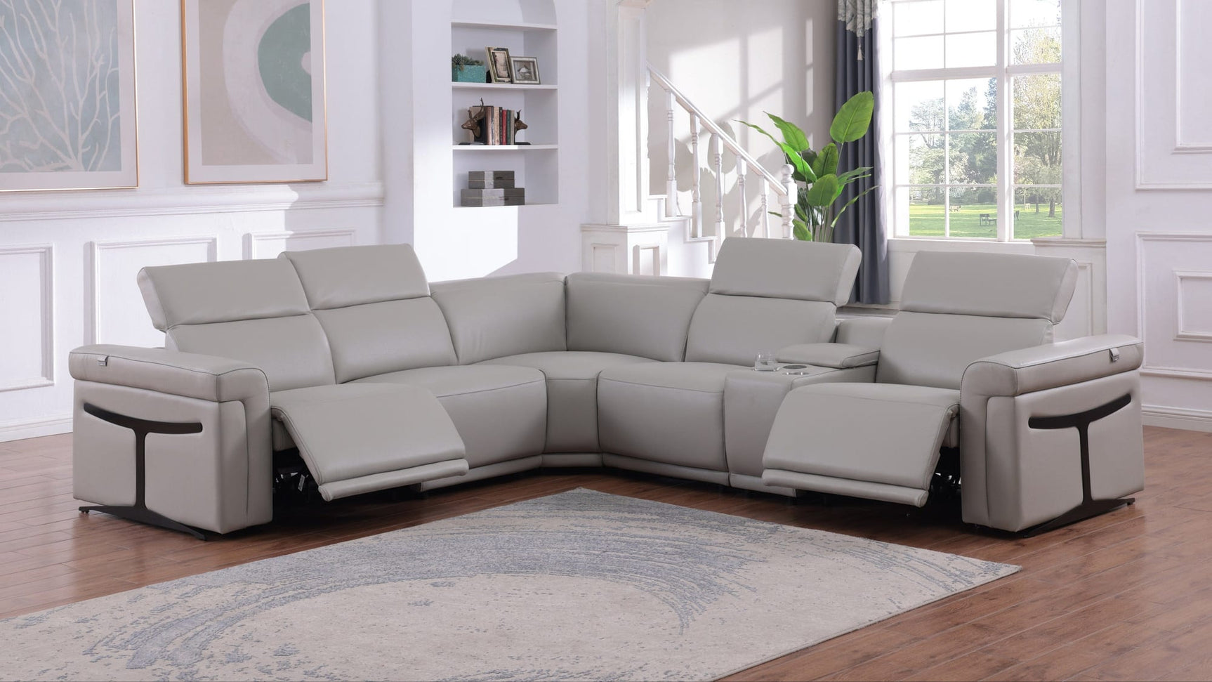 Lucca Light Grey 6-Piece Italian Leather Power Reclining Sectional with Storage Console and Adjustable Headrests from Decor Furniture