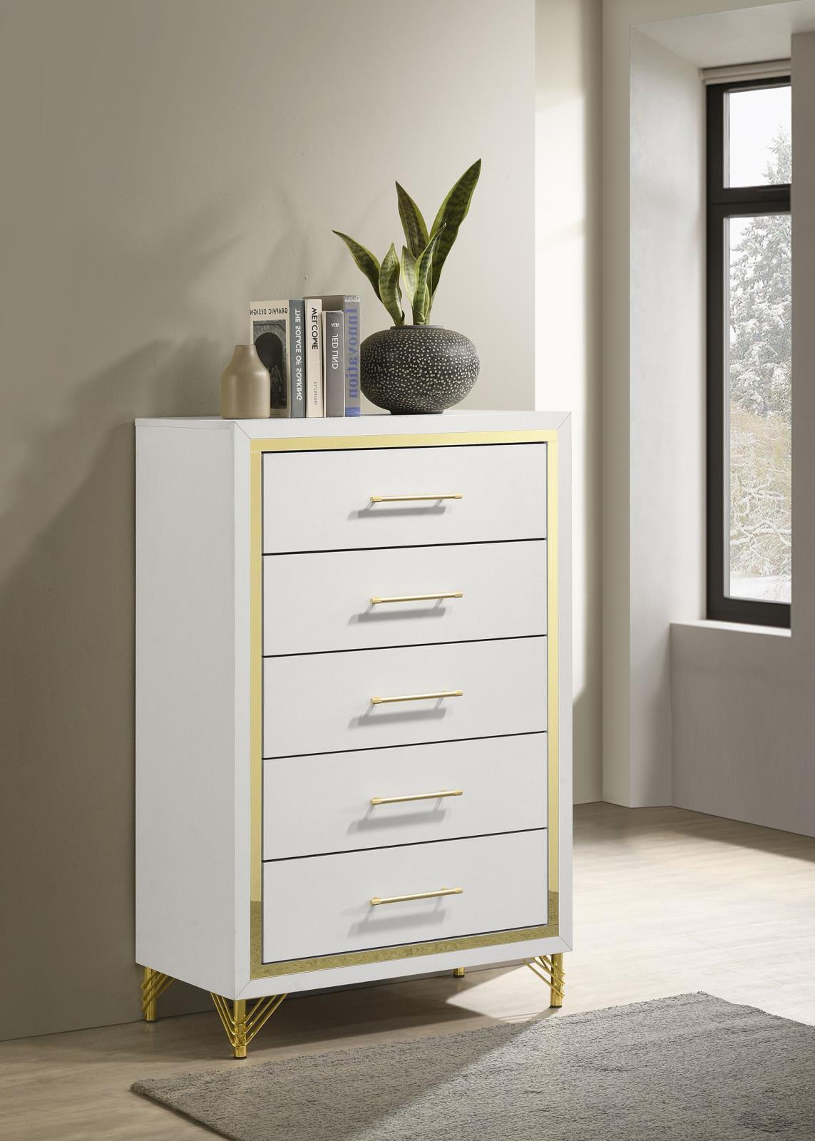 Side angle of Lucia 5-drawer chest showing gold trim and hairpin legs