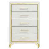 Close-up of gold bar drawer pull on white chest