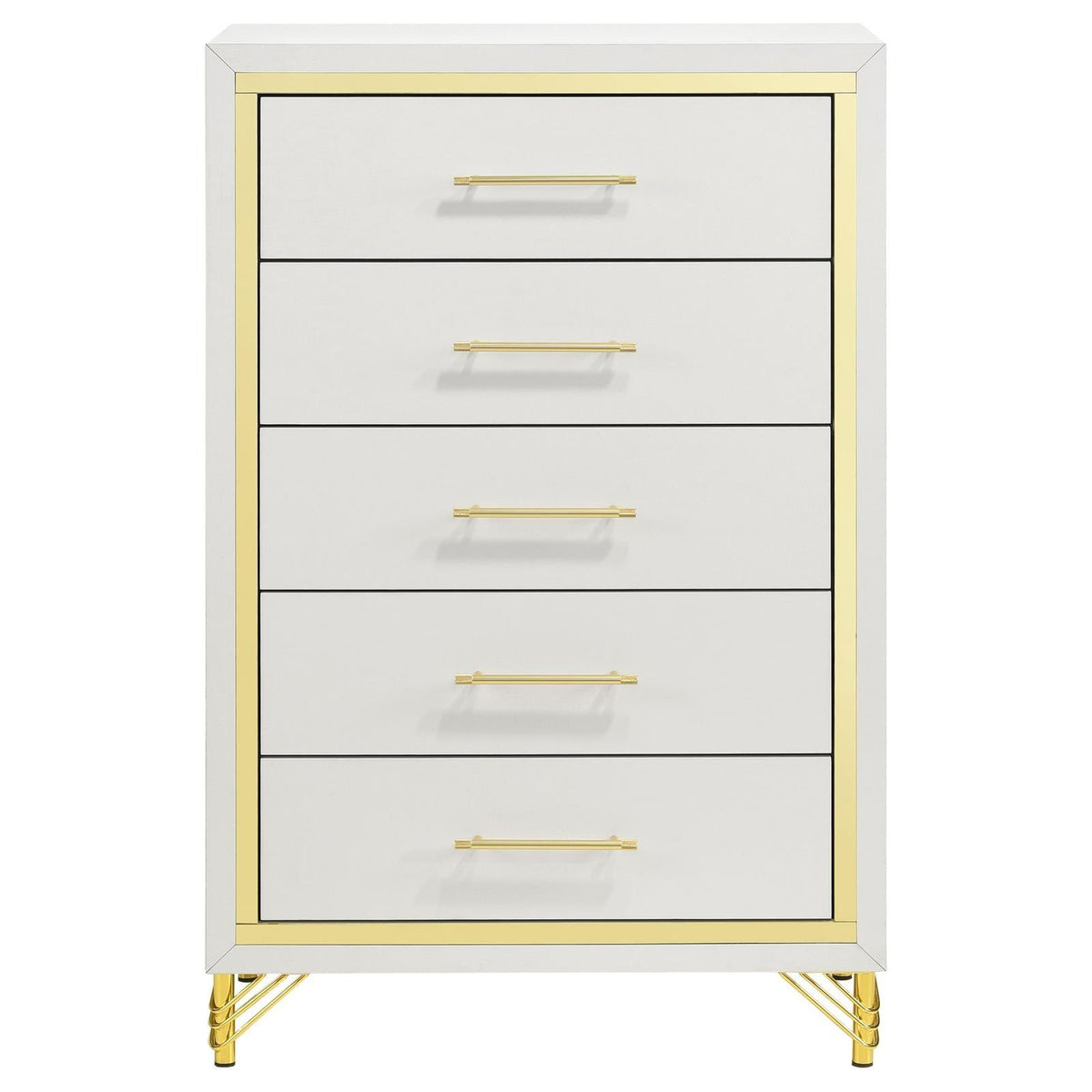 Close-up of gold bar drawer pull on white chest