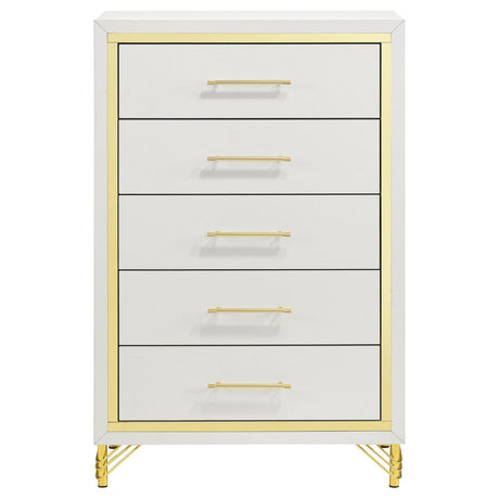 Close-up of gold bar drawer pull on white chest