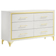 Front view of Lucia 6-drawer white bedroom dresser with gold trim