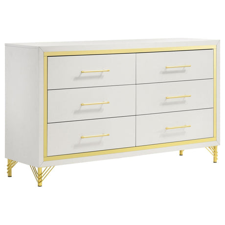 Front view of Lucia 6-drawer white bedroom dresser with gold trim