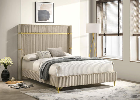 Front angle of Lucia Eastern King Upholstered Wingback Panel Bed in Beige
