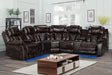 Lucky Charm Brown Air Leather Sectional front view with consoles and LED lighting