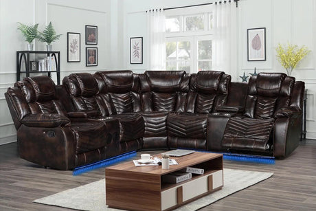 Lucky Charm Brown Air Leather Sectional front view with consoles and LED lighting