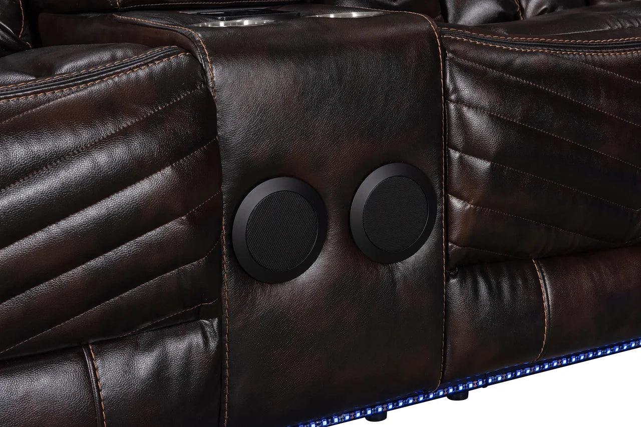 Lucky Charm Brown Air Leather Sectional top angle showing seating and speakers
