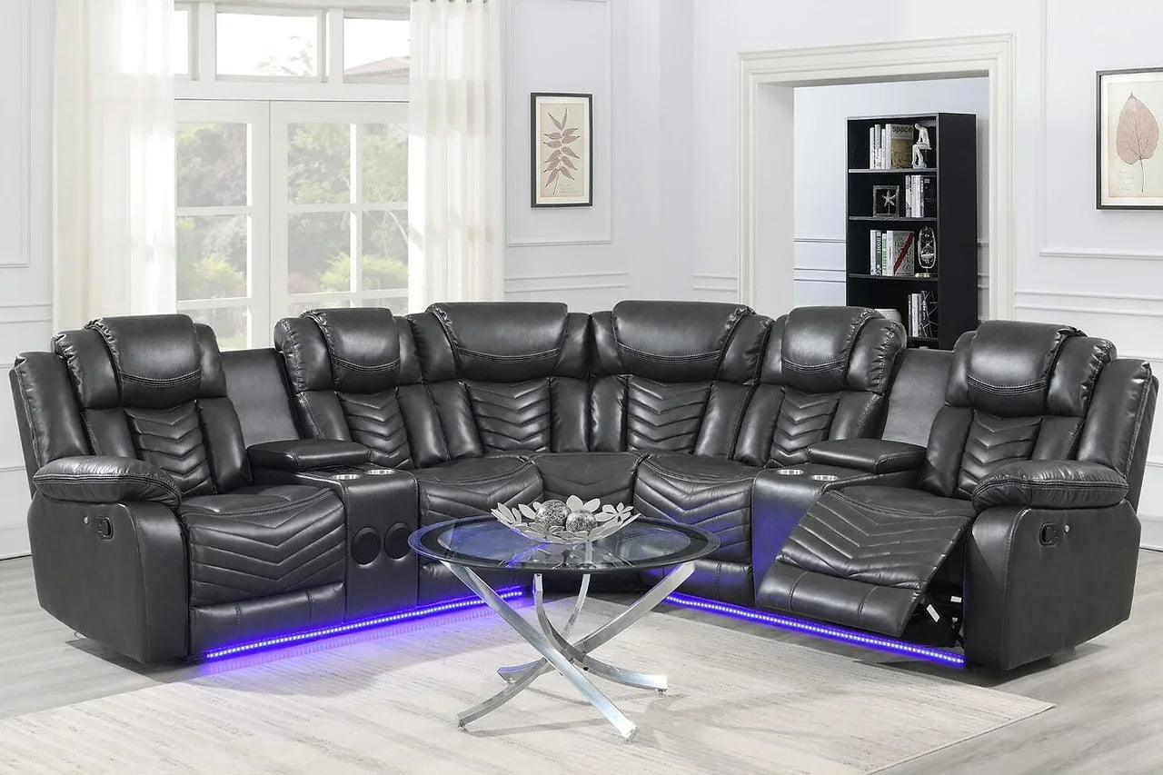Lucky Charm Grey Faux Leather Reclining Sectional Sofa front view