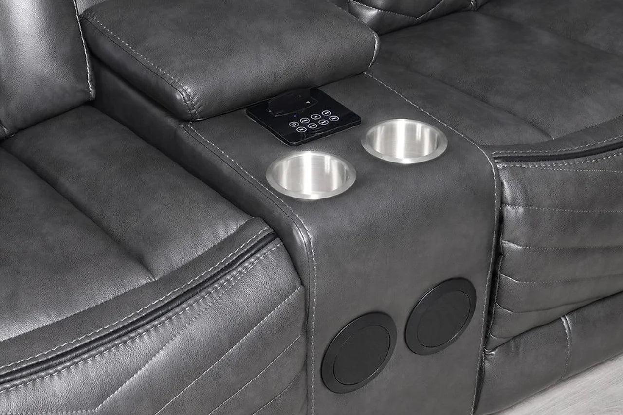 Lucky Charm Grey Faux Leather Reclining Sectional Sofa side angle