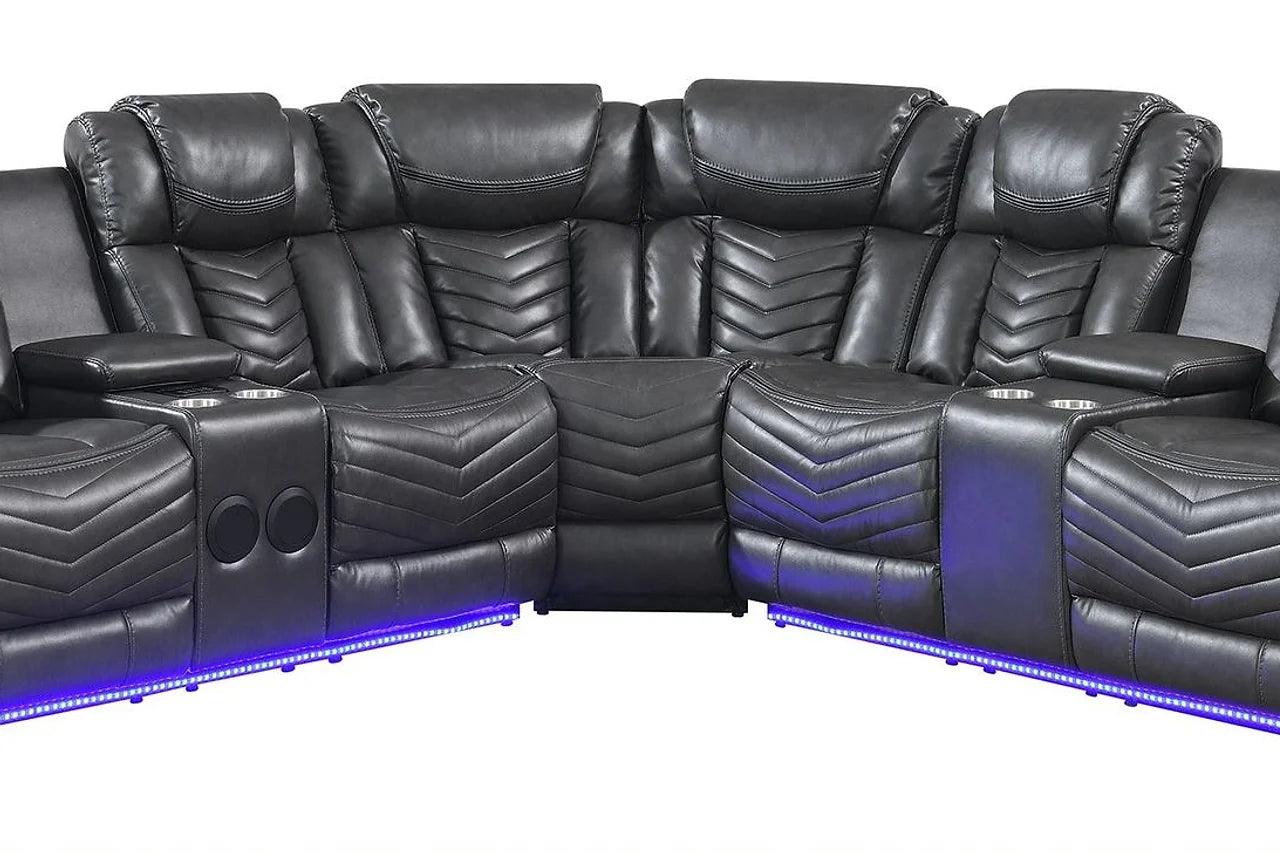 Lucky Charm Grey Reclining Sectional with LED and Bluetooth close-up
