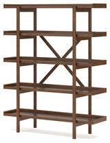 Lyncott 70 inch bookcase close-up of medium brown wood finish